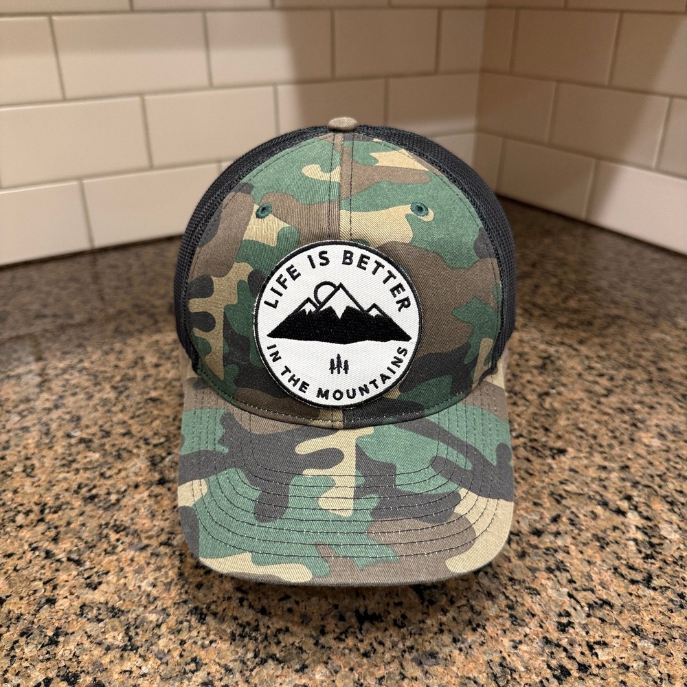 Yupoong Trucker Hat Men's Adjustable Snapback Camo Black Mountain Patch